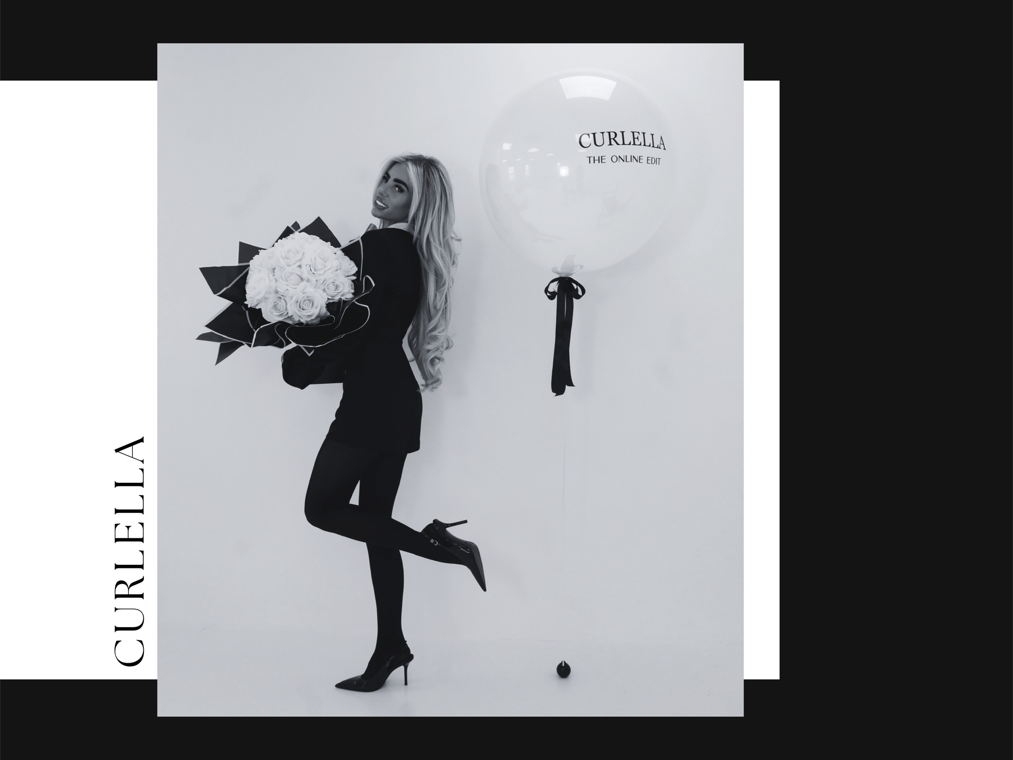 A black and white editorial-style photo featuring a woman in a black outfit posing with a large white balloon printed with the brand name 'CURELLA' and holding a bouquet, set against a white background with black side borders and vertical brand text.