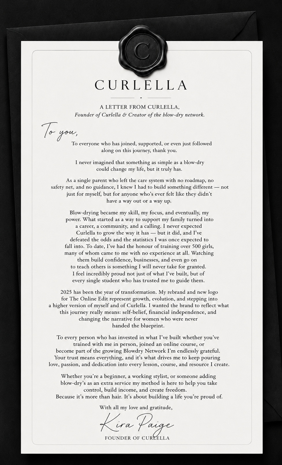 A printed letter from Curlella, featuring a black background with a large white letterhead and a block of text, signed by Kim Paige, founder of Curlella.