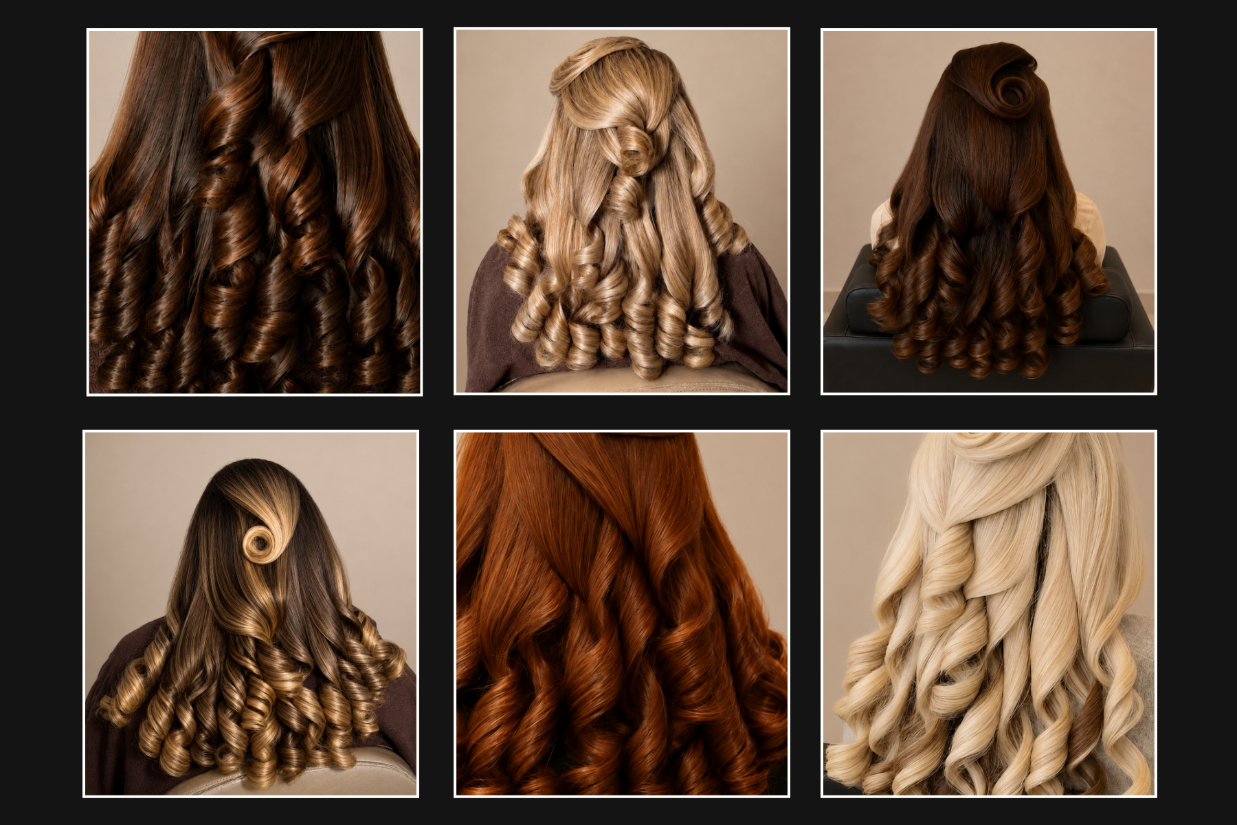 A six-panel collage showing different hair color and curl styles, likely demonstrating wavy or curled extensions, hair dye results, or a hair care set. The panels display various shades including dark brown, blonde, copper, and light beige, all styled with defined curls against a neutral beige background.