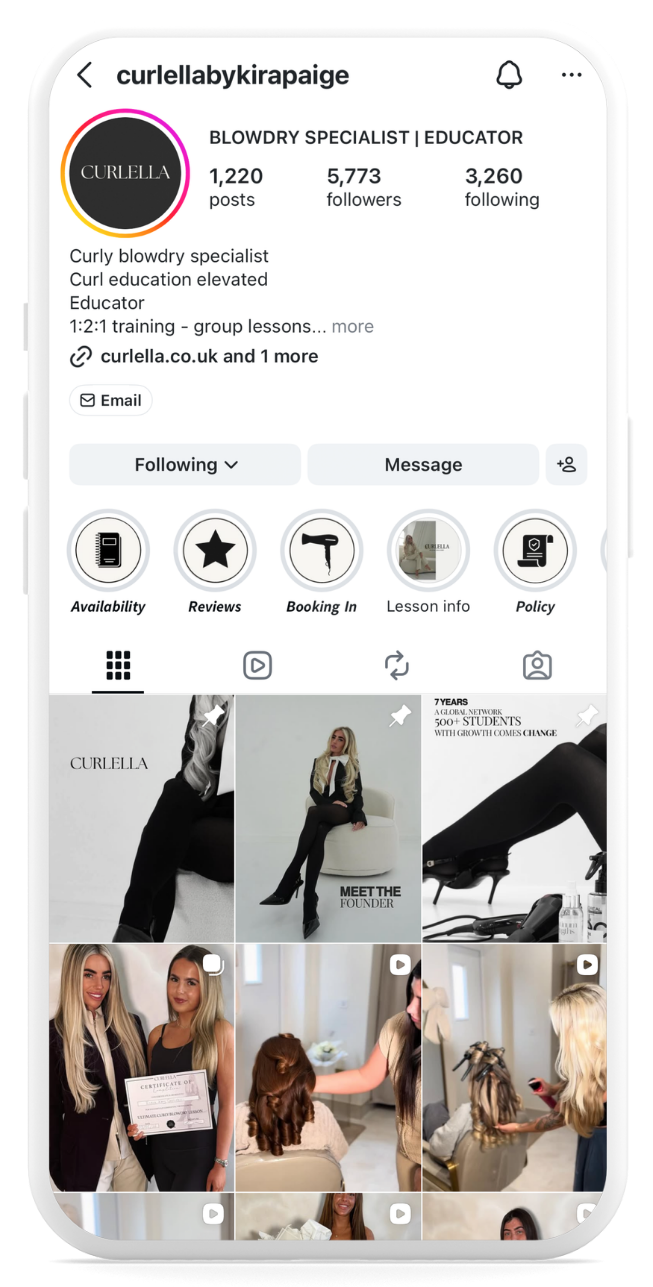 A smartphone mockup displaying a social media profile page for 'curtellebabykripaige', featuring profile statistics, status tiles, and a grid of photos related to curly hair styling and wigs.