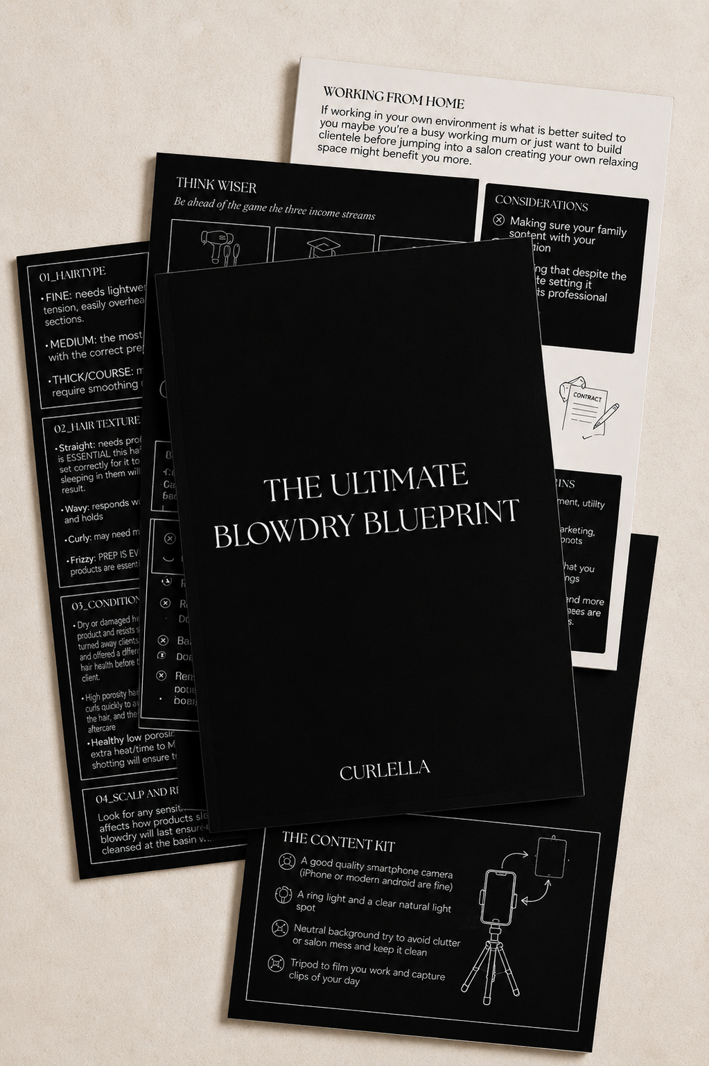 A black printed booklet titled "THE ULTIMATE BLOWDRY BLUEPRINT" by Curella, layered over several printed pages with text and small line drawings, photographed on a light beige background.