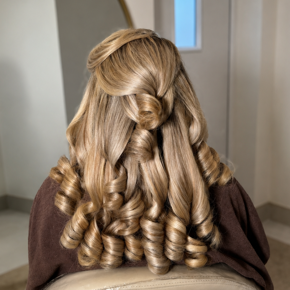 Long, wavy blonde hair styled in a half-updo with defined curls, shown from the back on a seated model in a salon-like interior.