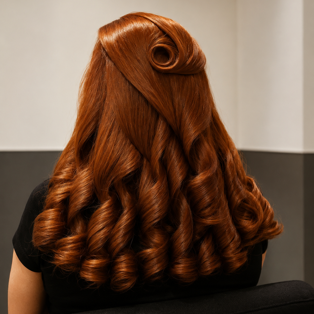 Long, wavy auburn hair styled in a half-up bun with tight curls, shown from the back on a model wearing a black top.