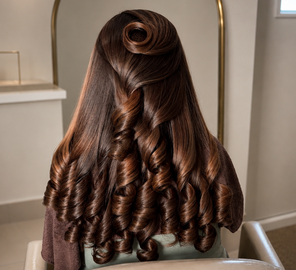 Long, glossy, medium-to-dark brown hair styled in loose curls and a half-up roll, shown from the back on a person seated in a salon chair.