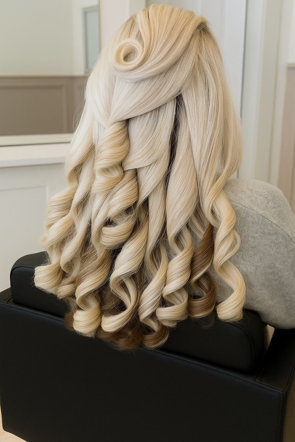 Long, wavy platinum blonde hair styled in a half-up half-blowout with defined curls, shown from the back on a person seated in a salon chair.